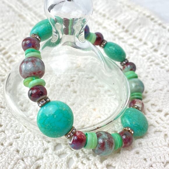 Turquoise Burgundy Marbled Beaded Bling Bracelet - Picture 1 of 3